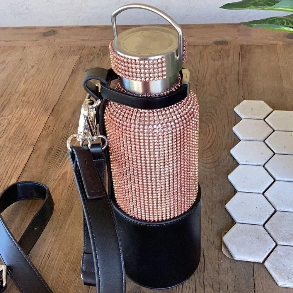 New Tomo Rhinestone Water Bottle w/ Vegan Leather Glam Bag Holder Rose Gold